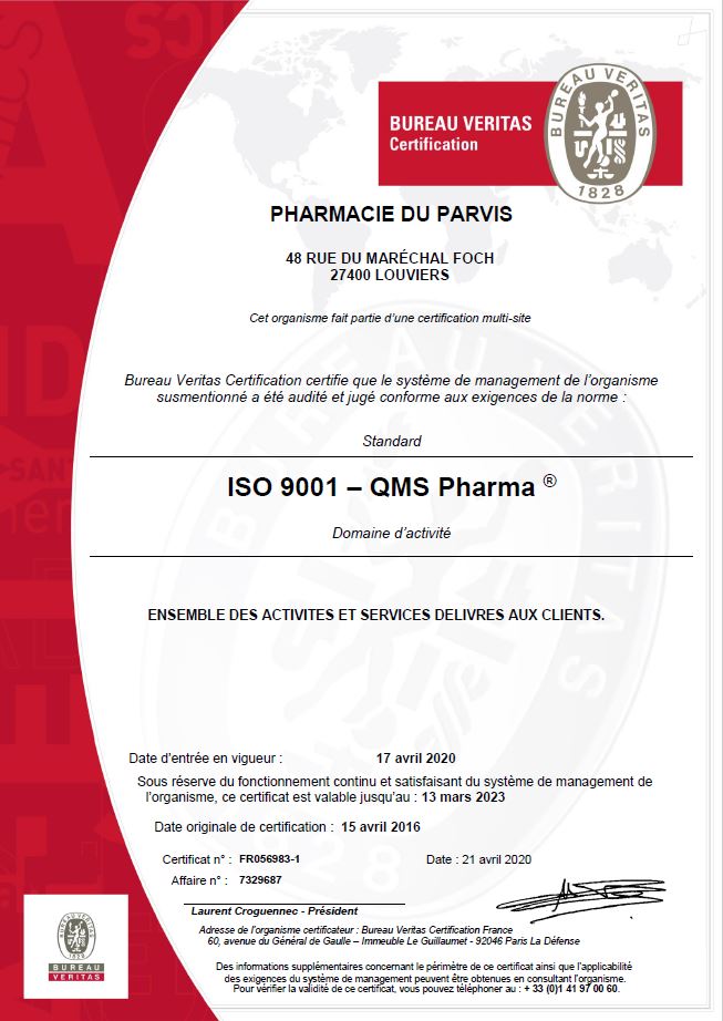 Notre pharmacie répond aux normes qualités ISO 9001